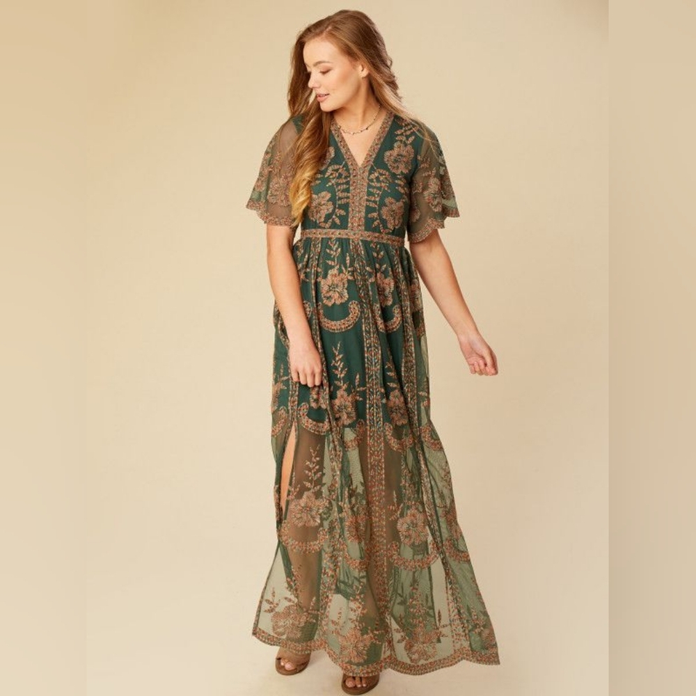 Altar'd State Embroidered Green Catania Maxi Dress, Size Small
